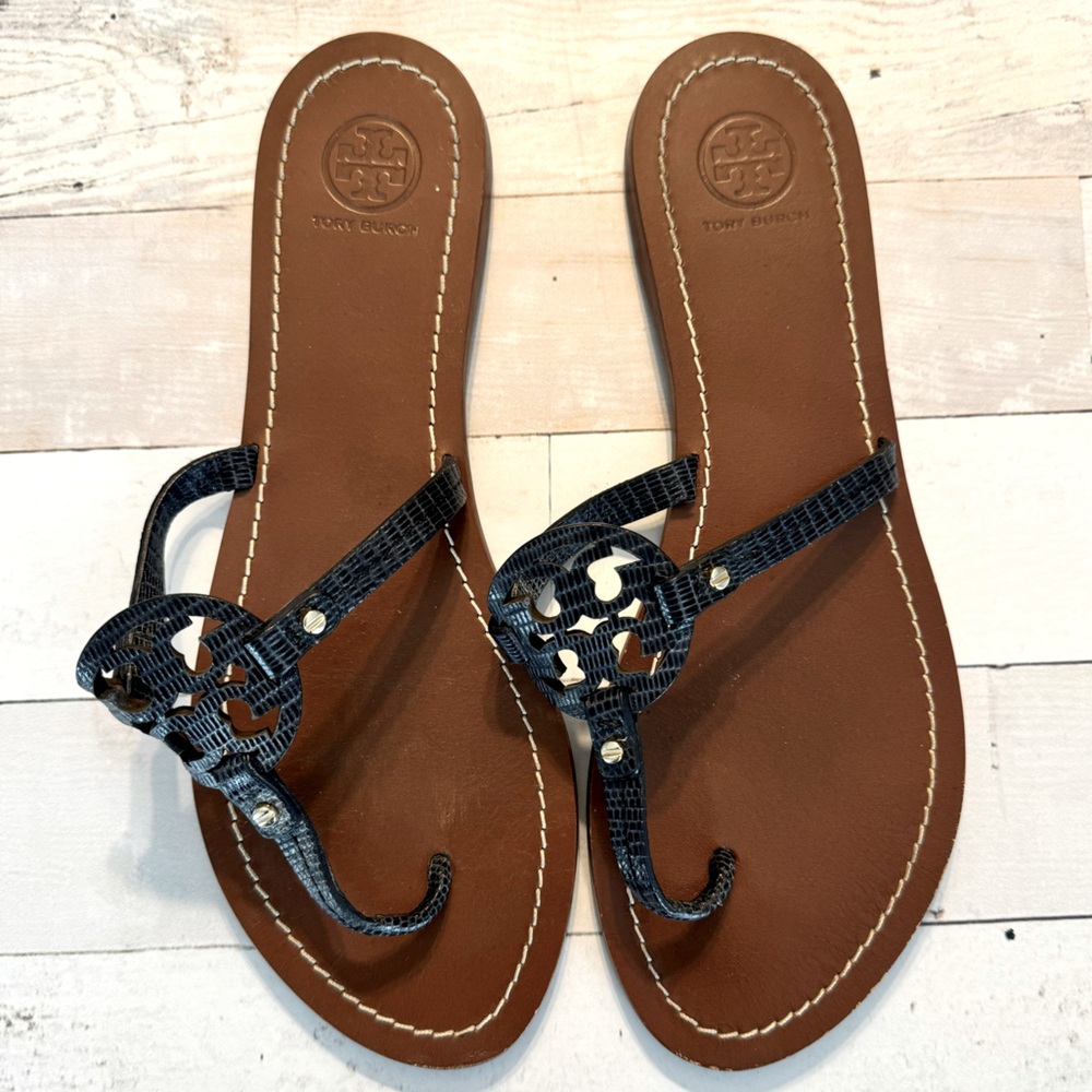 Tory Burch Mini Miller Leather Sandals Navy Blue Size 9